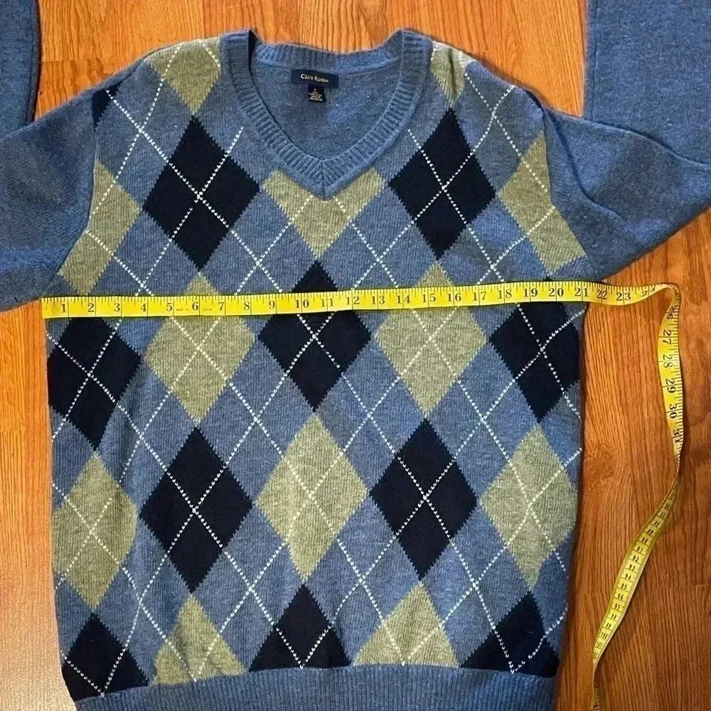 Club Room Mens Small Sweater V-Neck Diamond Argyle Print 100% Lambswool Blue